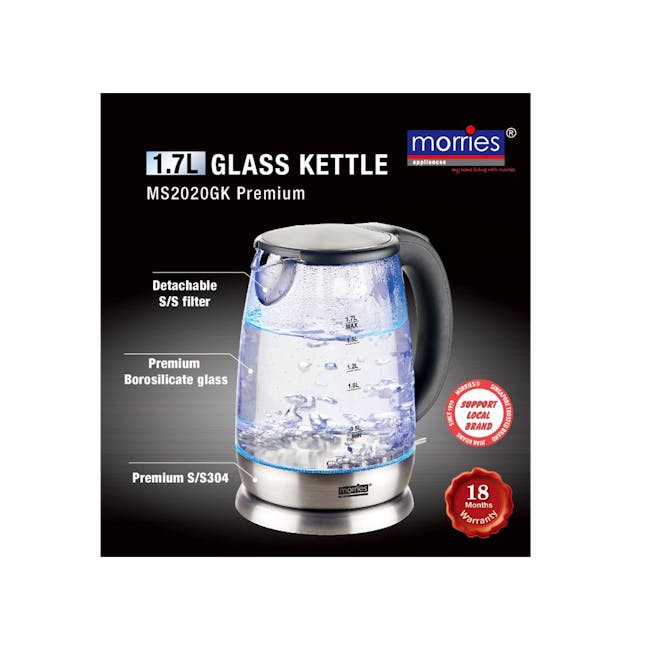 MORRIES Borosilicate Glass Kettle - 1.7L - 2 - 7L Glass Kettle, MS2020GK Premium, Detachable S/S Filter, Premium
