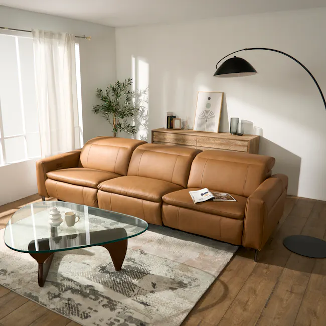Clyde 4 Seater Power Recliner Sofa - Oslo Tan (Top Grain Leather) - Zero Wall - 7 - Modern living room with tan leather