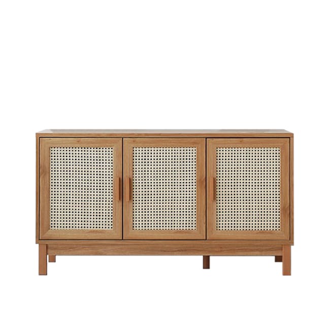 Belig Rattan Sideboard 1.3m - 16 - Wooden cabinet with perforated front panels, light brown finish, two doors with handles