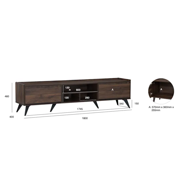 Maxton TV Console 1.8m - 6 - Wooden TV cabinet, 300mm width, 400mm depth, 460mm height, 1745mm total length, 1800mm width