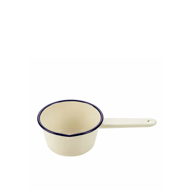 Wiltshire Enamel Milk Pan - 2 - Cream-colored ceramic measuring cup with dark blue rim and handle, minimalist design, flat