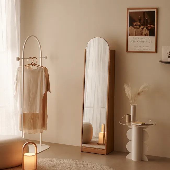 Chelsea Arched Mirror Cabinet 40x165cm - Maple - 3 - Soft, neutral-toned room, minimalist decor, elegant clothing rack