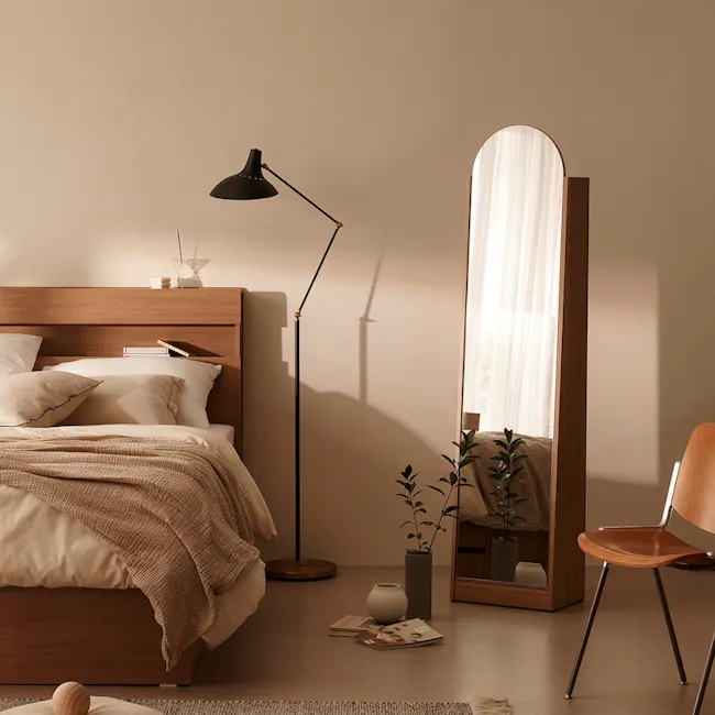 Chelsea Arched Mirror Cabinet 40x165cm - Maple - 2 - Wooden bed with beige bedding, black floor lamp, minimalist decor, soft
