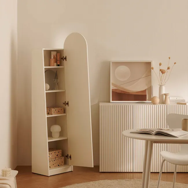 Chelsea Arched Mirror Cabinet 40x165cm - Maple - 4 - White open shelving unit, minimalist design, soft beige walls, modern