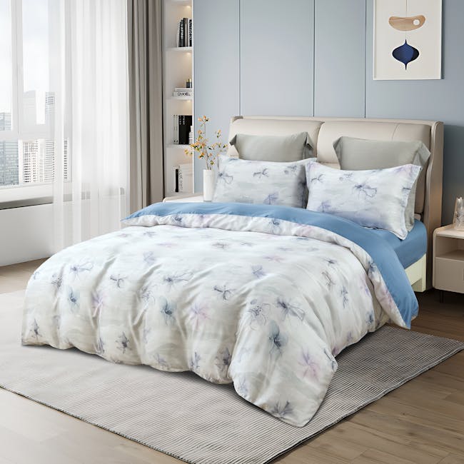 Haruka 5-pc Tencel Bedding Set (2 Sizes) - 3 - Modern bedroom with large window, light blue walls, minimalist decor, white
