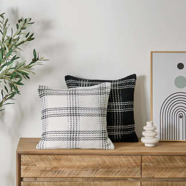 Kelsey Plaid Weaved Cushion - White - 3 - Olive branch, green leaves, natural light, minimalist decor, wooden dresser