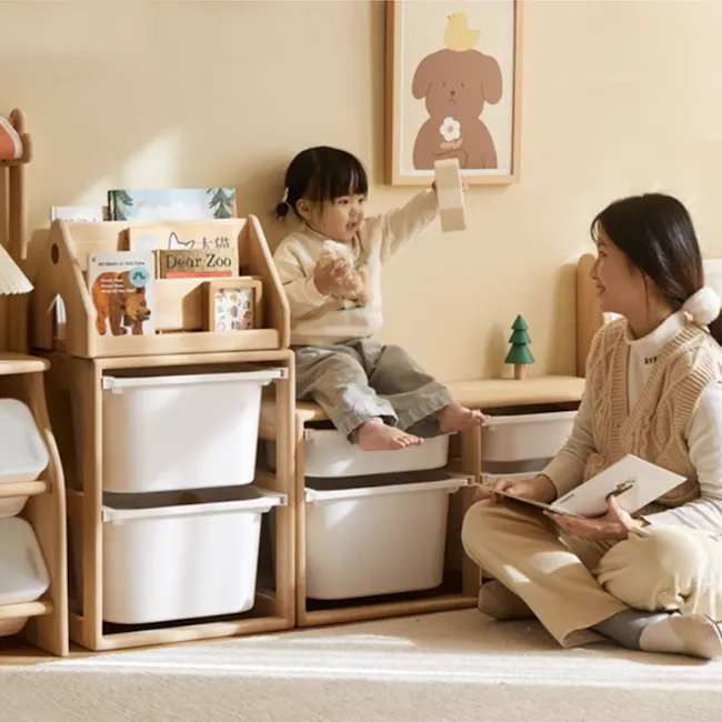 Micah Wooden Kids 2 Tier Wide Storage Cabinet 1.25m - 6 - Wooden playpen, child sitting, toddler, baby, toddler sitting