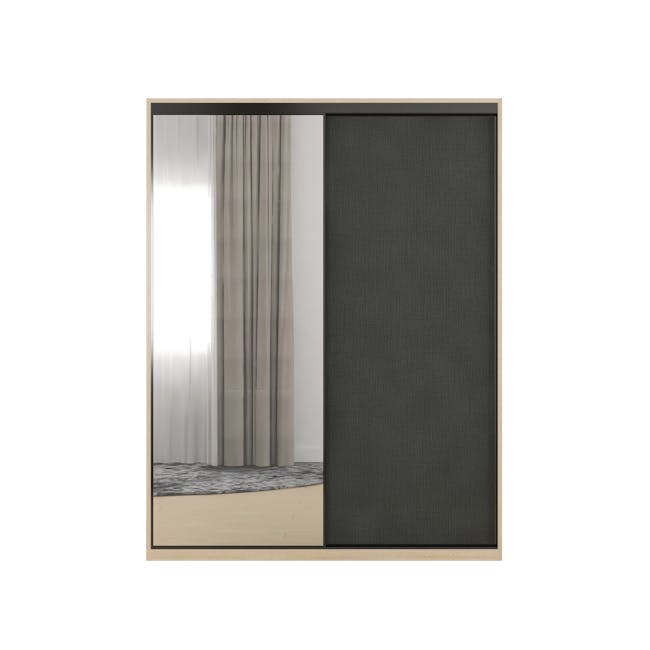 Lorren Sliding Door Wardrobe 3 with Mirror - Graphite Linen, Herringbone Oak - 0
