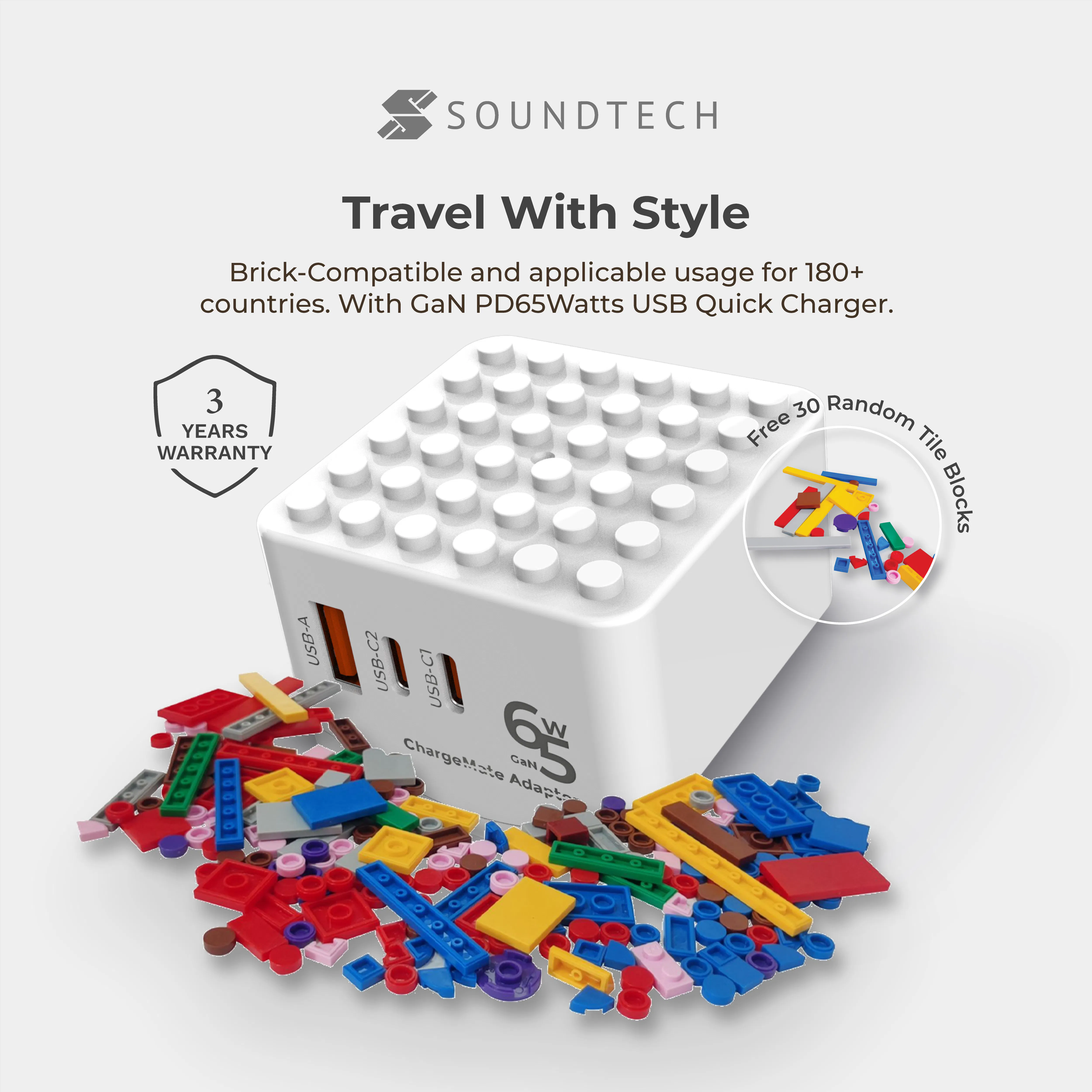 SOUNDTECH World Travel Adaptor with GaN PD65Watts USB Quick Charger (TA-865C) - 9