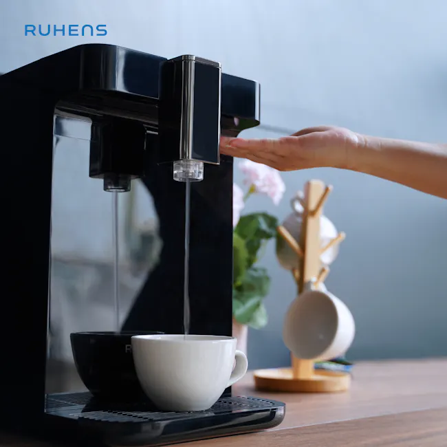Ruhens Boost+ Water Purifier - White - 7 - black coffee machine, hand pouring coffee, white cup, modern kitchen, sleek