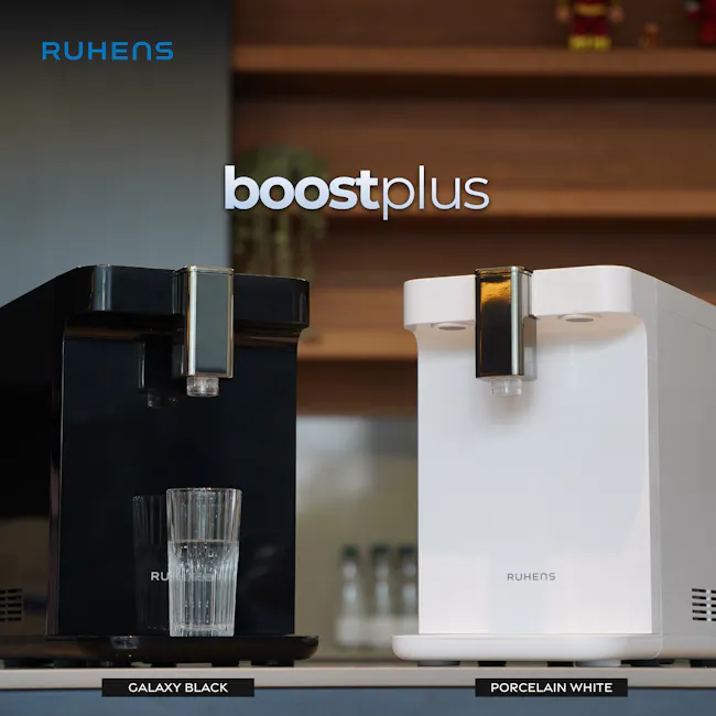Ruhens Boost+ Water Purifier - White - 8 - Modern kitchen setup, dual coffee machines, RUHENS branding, Galaxy Black model