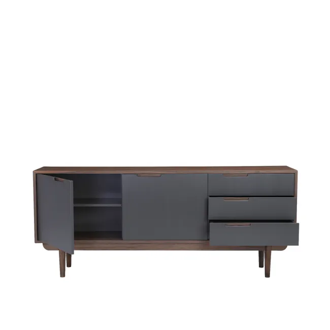 Larisa Sideboard 1.8m - Walnut, Grey - 4 - Modern minimalist desk, dark gray drawers, open storage compartment, sleek