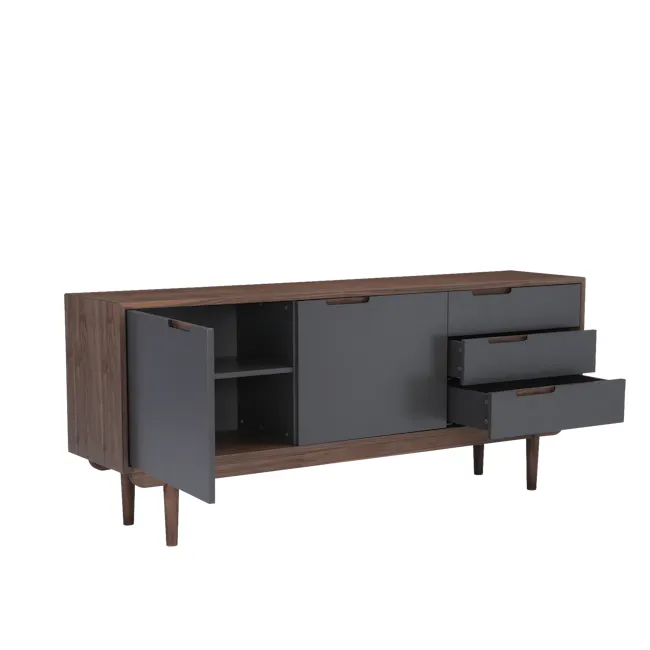Larisa Sideboard 1.8m - Walnut, Grey - 7 - Wooden desk with open drawers, minimalist design, modern furniture, sleek