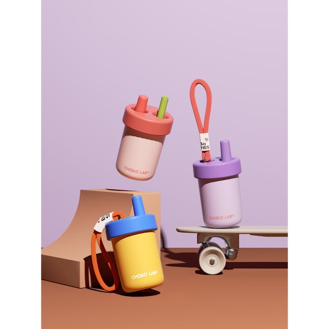 CHAKOLAB Thermal Cup 485ml - Purple - 9 - Chako Lab pink and purple sippy cups with colorful handles, Orange and blue sippy
