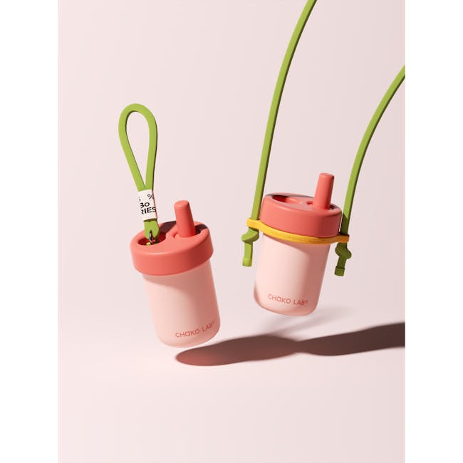 CHAKOLAB Thermal Cup 485ml - Purple - 8 - Chako Lab pink sippy cups with green handles and yellow bands, soft pastel