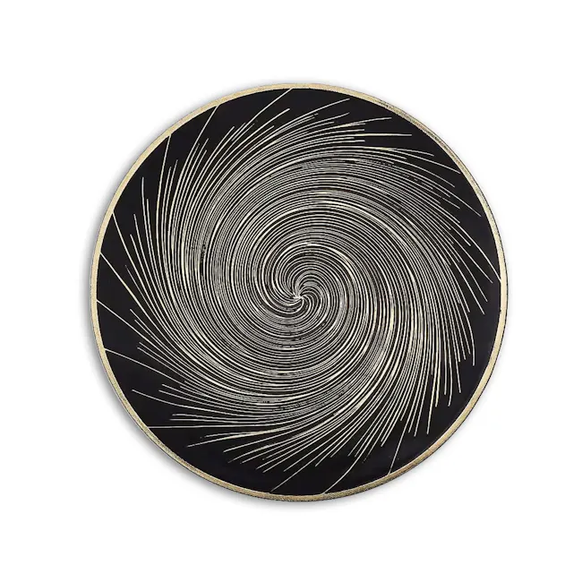 RAPEE Balls Round Placemat - White - 3 - Abstract design with concentric spiral lines, Black background with gold radiating