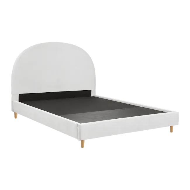 Aspen Queen Bed - Cloud White - 3 - White upholstered bed with black mattress frame, minimalist design, wooden footboard