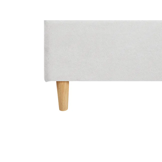 Aspen Queen Bed - Cloud White - 7 - White textured fabric, wooden handle, minimalist design, clean lines, simple background