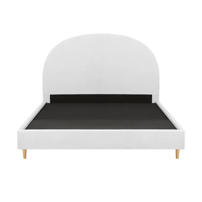 Aspen Queen Bed - Cloud White - 2 - White upholstered bed frame, minimalist design, black mattress, wooden footboard