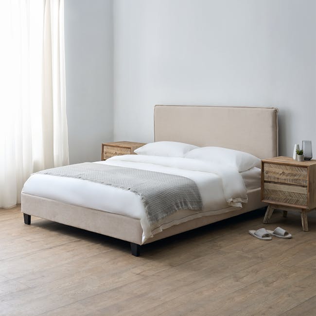 Arthur Single Divan Bed - Acru (Fabric) - 7 - White sheer curtains, wooden nightstands, beige upholstered headboard, neatly