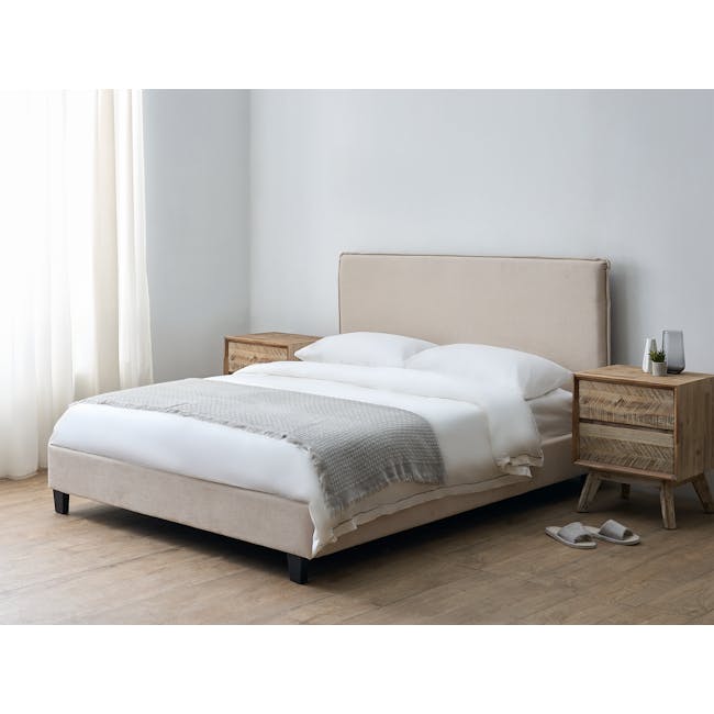 Arthur Single Divan Bed - Acru (Fabric) - 2 - White bed with beige headboard, wooden nightstands, light gray walls, white