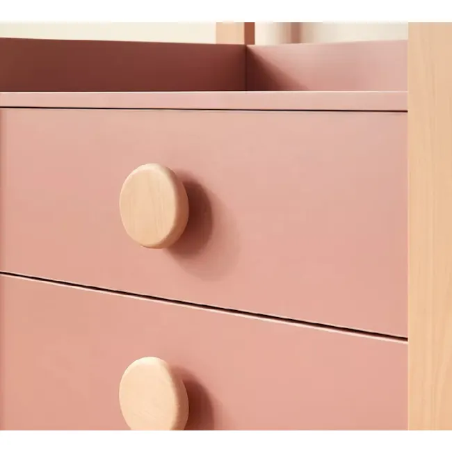 Tidy Storage Bookcase - Cherry & Almond - 5 - Soft pink wooden drawer handles, minimalist design, clean lines, natural wood