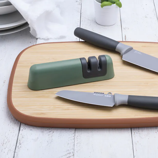 Berghoff 2-in-1 Ergonomic Soft Grip Non-Slip Ceramic Knife Sharpener - 2 - Green kitchen knife, gray chef's knife, wooden