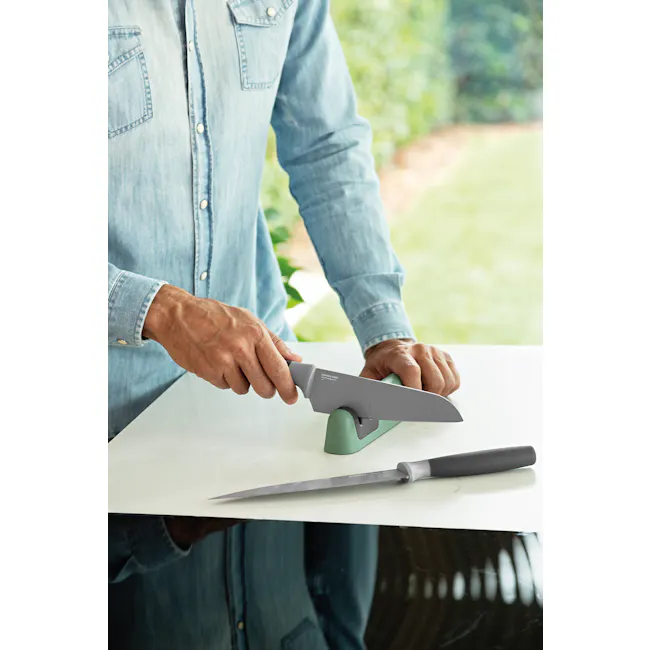 Berghoff 2-in-1 Ergonomic Soft Grip Non-Slip Ceramic Knife Sharpener - 3 - blue denim shirt, kitchen knife, outdoor setting