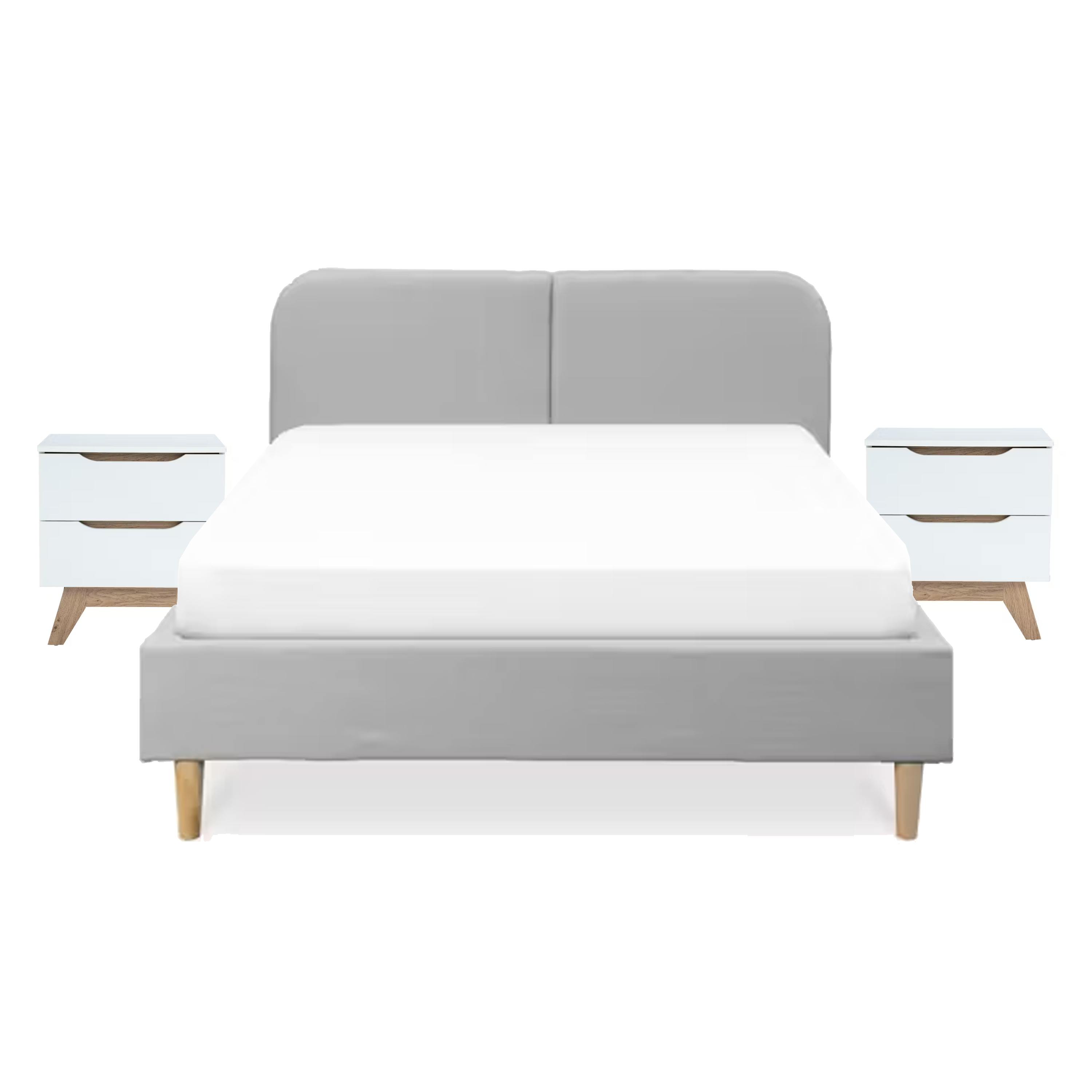 Nolan Queen Bed in Silver Fox with 2 Miah Bedside Table in White