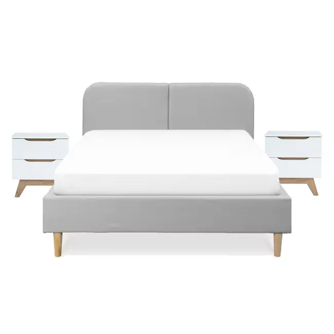 Nolan Queen Bed in Silver Fox with 2 Miah Bedside Table in White - 1 - Modern minimalist bed with gray upholstered headboard