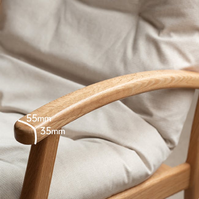 Kusa Rocking Lounge Chair with Ottoman - 9 - Wooden armrest, light beige fabric, ergonomic design, smooth finish, natural