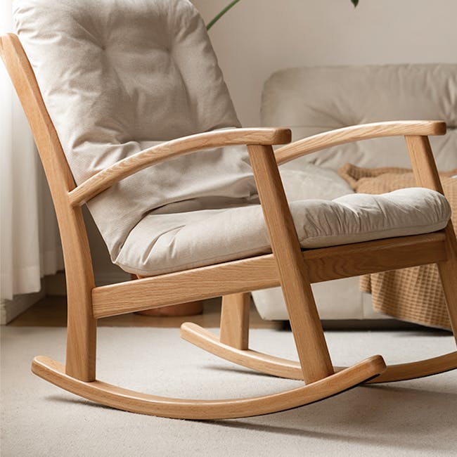 Kusa Rocking Lounge Chair with Ottoman - 8 - Wooden rocking chair, light beige cushion, natural wood finish, minimalist