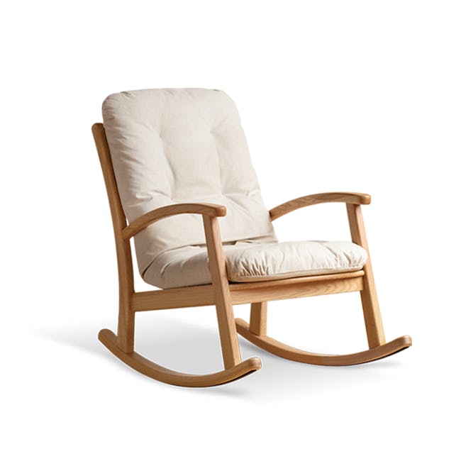 Kusa Rocking Lounge Chair with Ottoman - 18 - Wooden rocking chair, beige cushion, natural wood finish, minimalist design