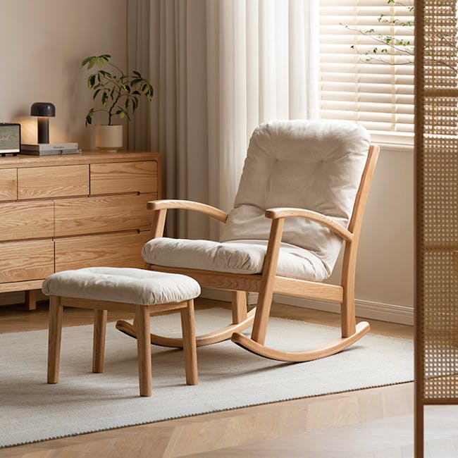 Kusa Rocking Lounge Chair with Ottoman - 6 - Wooden rocking chair, beige cushion, natural light, minimalist decor, wooden