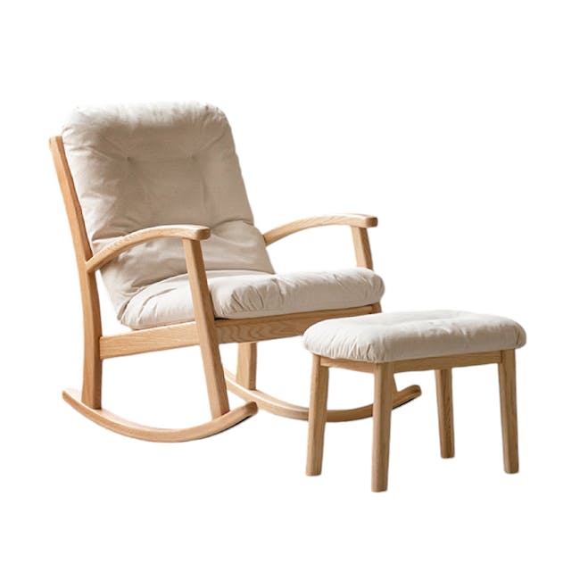 Kusa Rocking Lounge Chair with Ottoman - 1 - Wooden rocking chair, light beige cushion, natural wood finish, minimalist