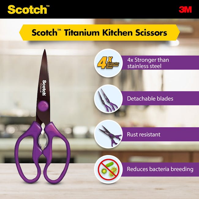 Scotch Detachable Titanium Kitchen Scissors - Purple - 8 - Scotch Titanium Kitchen Scissors, 4x stronger than stainless