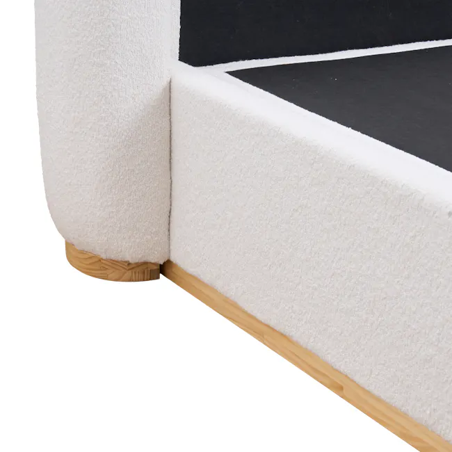 Nova King Storage Bed - White Boucle - 14 - White textured carpet, wooden floor, light brown wooden border, light beige