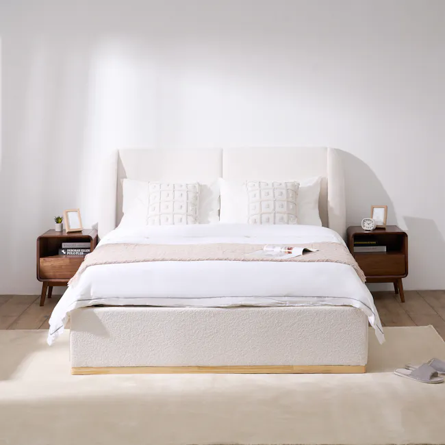Nova King Storage Bed - White Boucle - 4 - White bed with textured mattress, wooden nightstands, decorative pillows, cozy