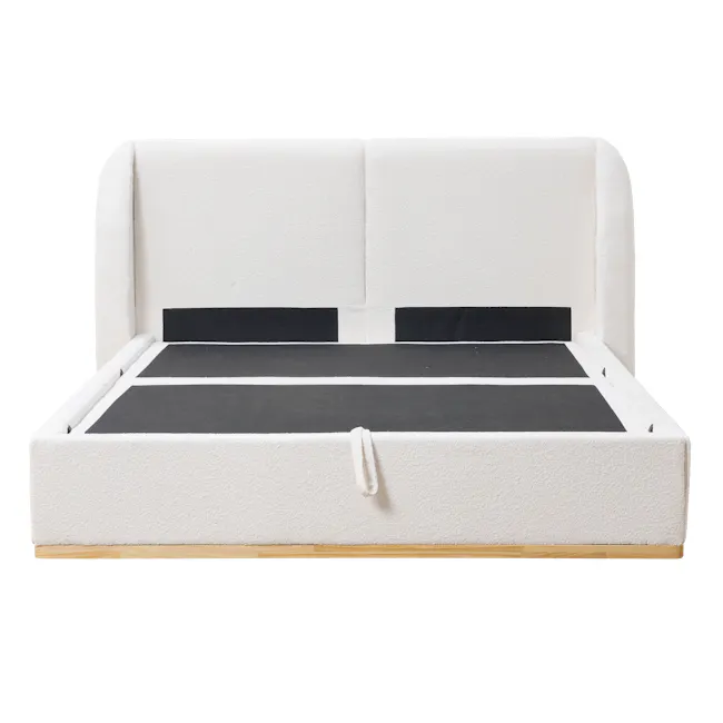 Nova King Storage Bed - White Boucle - 6 - White upholstered bed frame, black footboard, wooden base, minimalist design