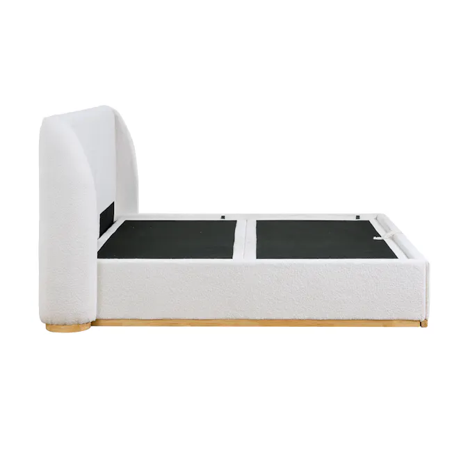 Nova King Storage Bed - White Boucle - 10 - White upholstered bed frame, black footboard, wooden base, soft white mattress
