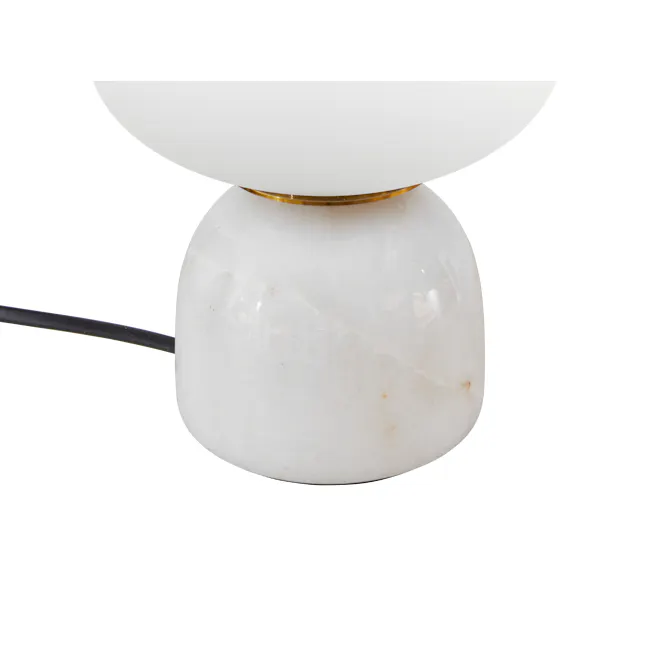 Ora Table Lamp - White Marble - 4 - White marble lamp with gold rim, wooden table, minimalist design, elegant decor, modern