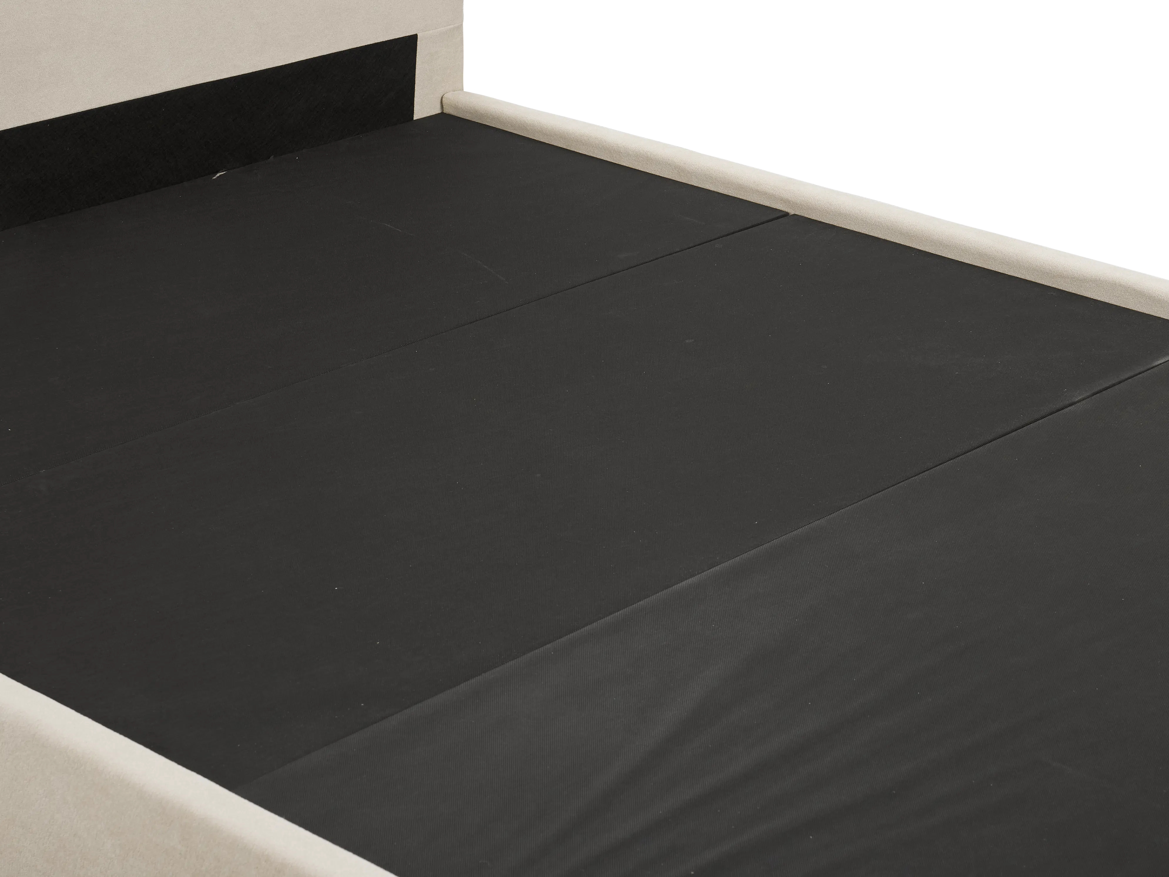 Aspen Queen Bed - Acru - 10 - Black mattress, beige frame, minimalist design, textured fabric, clean lines, soft lighting
