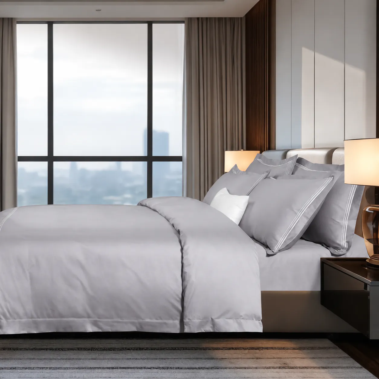 IE Maison Hotel Suite Premium Cotton Solid Bed Sheet Set with Embroidery - Grey (4 Sizes)