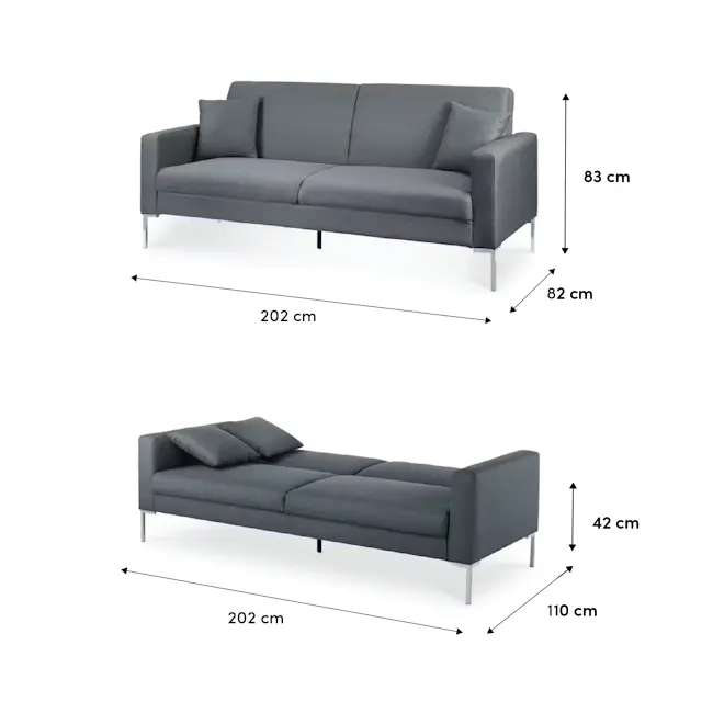 Leslie 3 Seater Sofa Bed - Slate Grey (Faux Leather) - 9 - Grey sectional sofa, 202 cm width, 83 cm height, 82 cm depth, 42