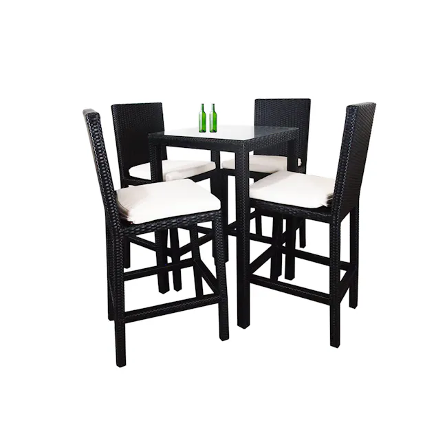 Midas 4 Chair Bar Set - White Cushion - 1 - Wicker bar table with black finish, four chairs with white cushions, outdoor