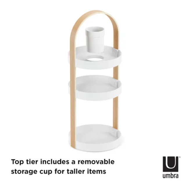 Bellwood Cosmetic Organiser - 6 - Wooden stand with removable storage cup, three-tier design, minimalist aesthetic, white