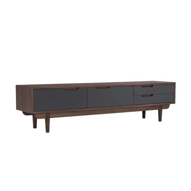 Larisa TV Console 1.8m - Grey, Walnut - 4 - Wooden side table with dark gray drawers, sleek design, modern aesthetic