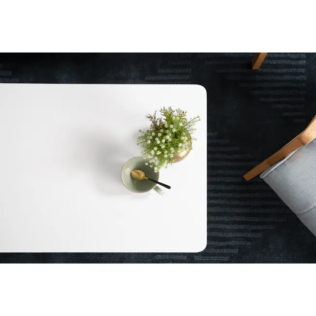 Harold Coffee Table - Natural, White - 5 - White minimalist table, modern decor, green ceramic bowl, wooden spoon, sprig of