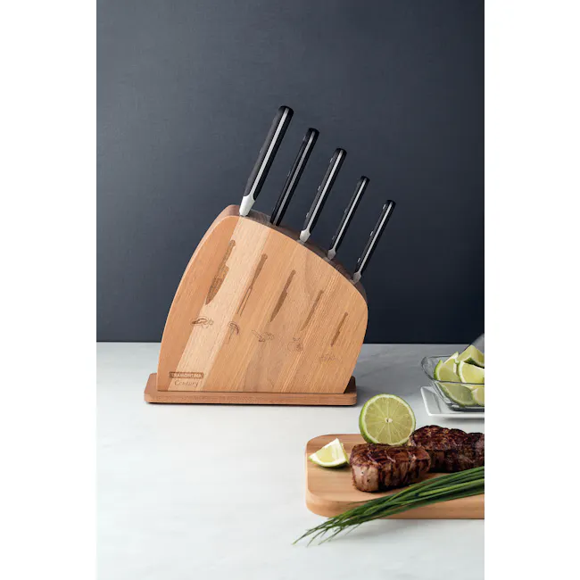 Tramontina Century 6Pcs Knife Block Set - 2 - Wooden cutting board with knives, stainless steel handles, engraved designs