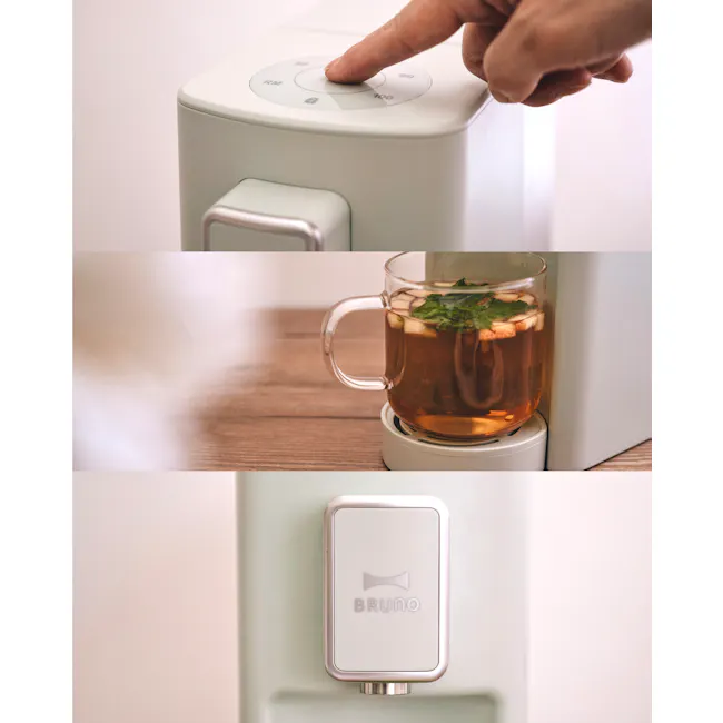 BRUNO Hot Water Dispenser - Green - 3 - White coffee maker, person pressing button, control panel, digital display, cup of